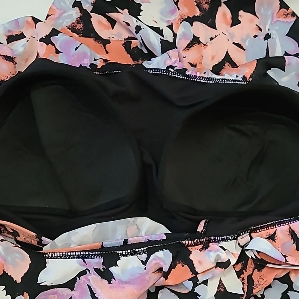 Time and Tru Black & Pink Floral Swimsuit with Ruffle Detail size 2X (20W-22W)
